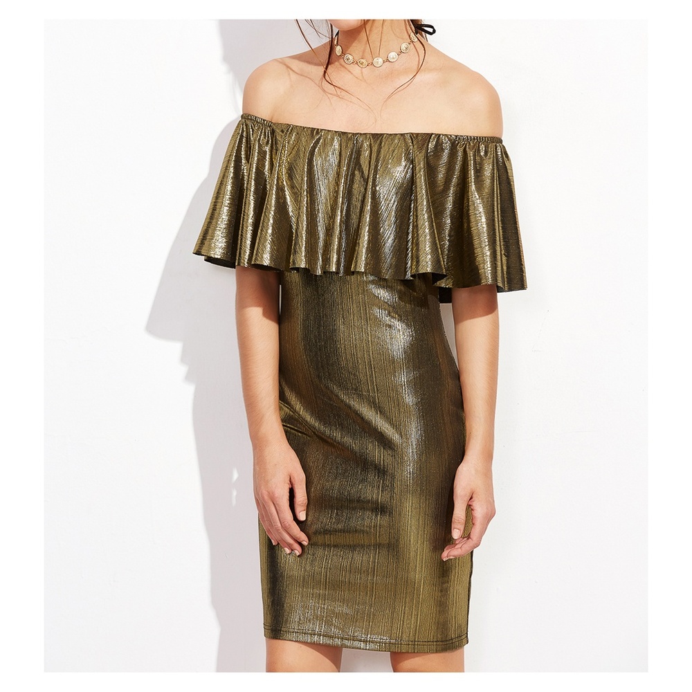 Flounce Off the Shoulder Metallic Gold Bodycon Dress